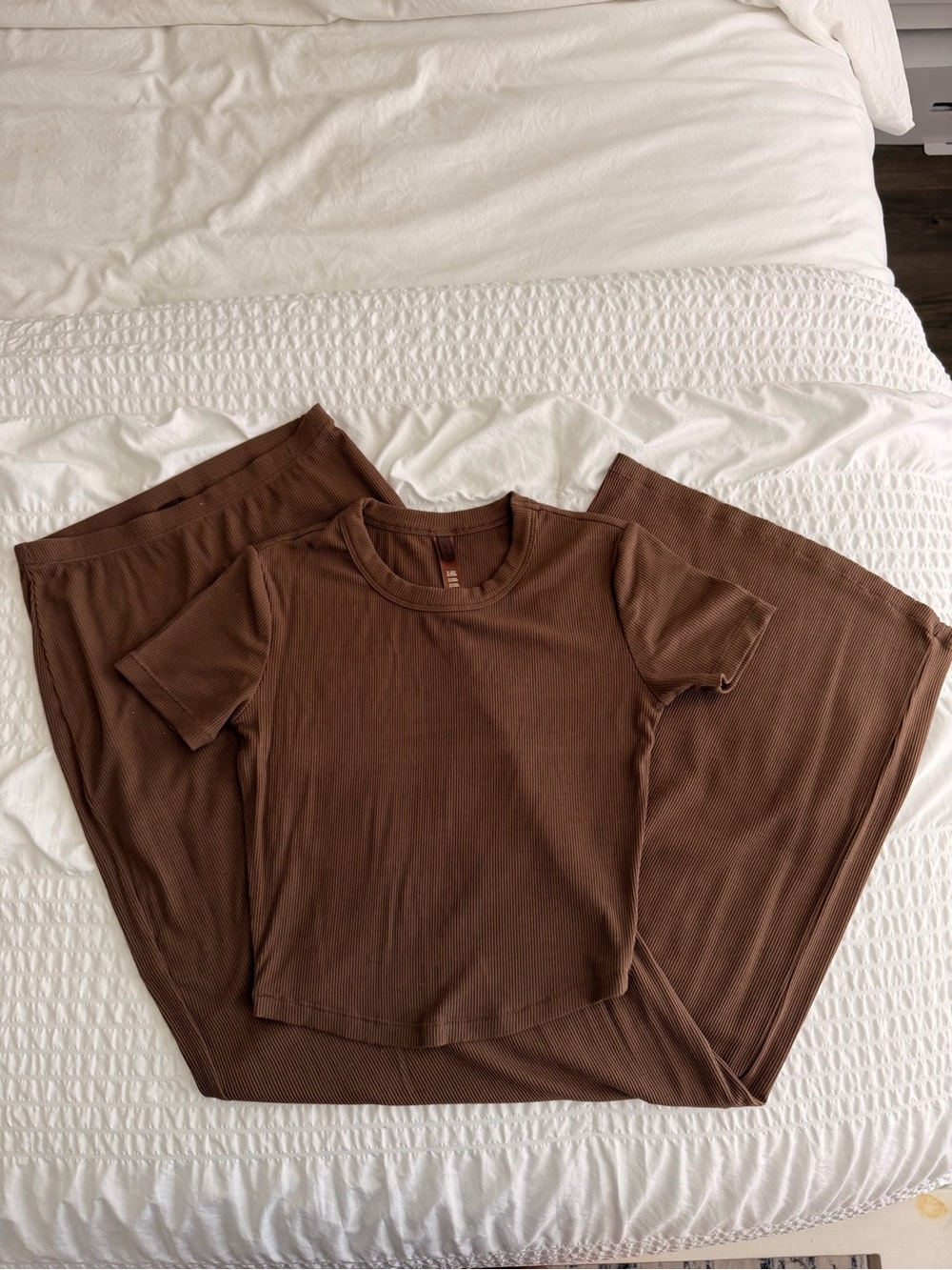 SKIMS Brown Ribbed Short-Sleeve Top & Maxi Skirt Set